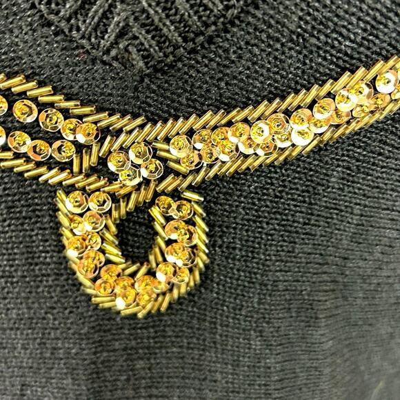 SML Beaded Sweater Large Black Gold Braid‎ Jewel Party NYE Holiday Glam Vintage - Picture 7 of 14